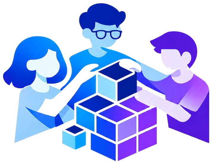 Três jovens construindo blocos de blockchain juntos